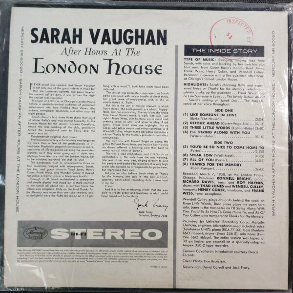 Sarah Vaughan – After Hours At The London House (LP, 1958) - Image 2